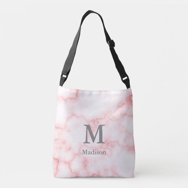 Bolso Cruzado Elegante Faux Pink Marble Gray Name & Monogram (Reverso)