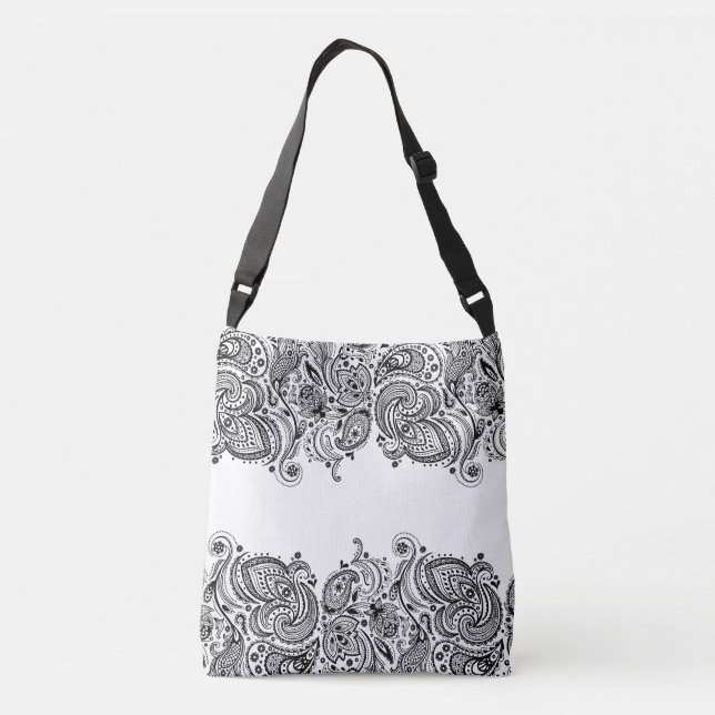 Bolso Cruzado Elegante fondo blanco de encaje negro paisley (Reverso)