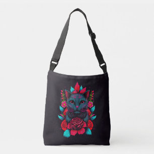 Bolso Cruzado Elegante gato negro rodeado de rosas rojas