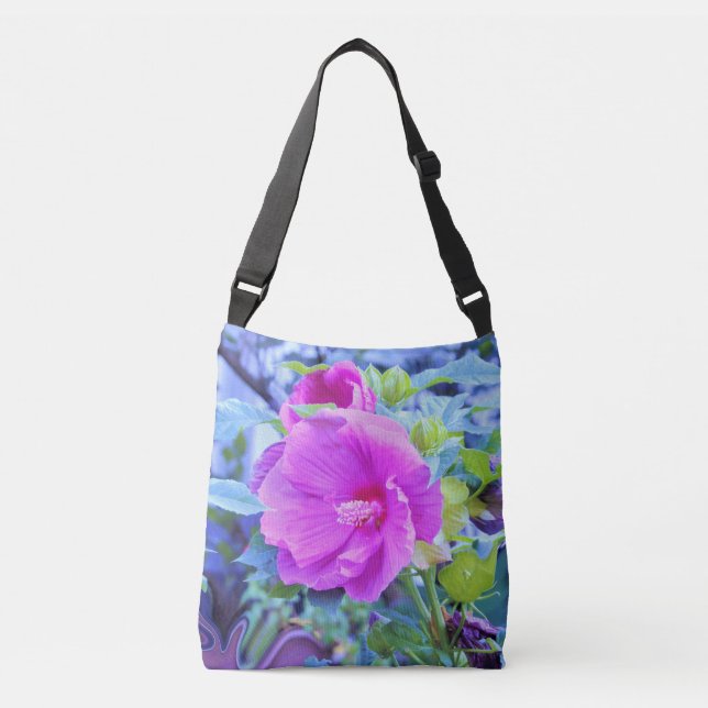 Bolso Cruzado Elegante Hibiscus rosa con oliage azul ondulado (Anverso)