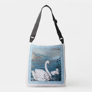 Bolso Cruzado Elegante madre blanca cisne con bebé en lago azul