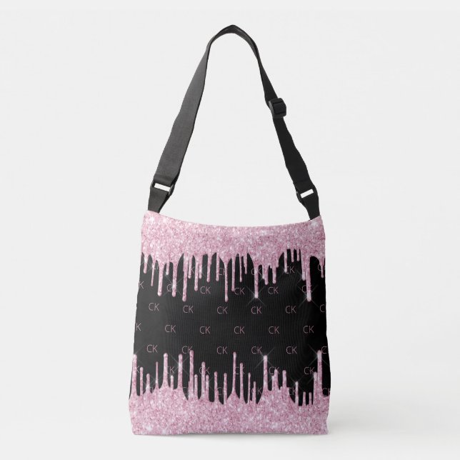 Bolso Cruzado Elegante monograma de goteo rosado negro (Anverso)