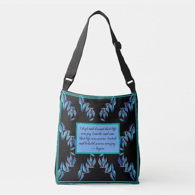 Bolso Cruzado Elegantes hojas azules sobre negro y una cita (Anverso)
