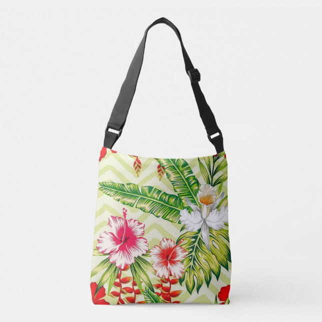 Bolso Cruzado Elegantes hojas tropicales y flores hibiscus | (Anverso)