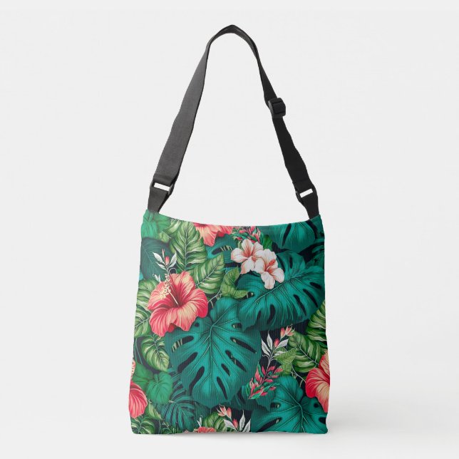 Bolso Cruzado Elegantes hojas tropicales y flores hibiscus | (Anverso)