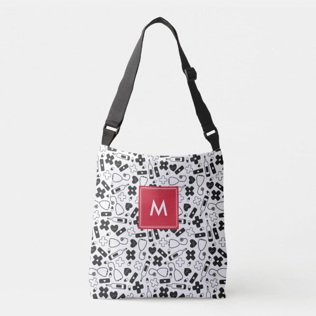 Bolso Cruzado Enfermera Monogramada del patrón médico blanco neg (Anverso)