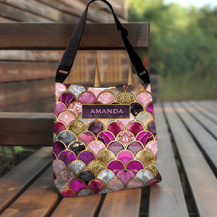 Bolso Cruzado Escamas de sirena doradas rosa caliente lindas fem