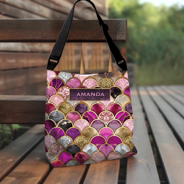 Bolso Cruzado Escamas de sirena doradas rosa caliente lindas fem (Subido por el creador)