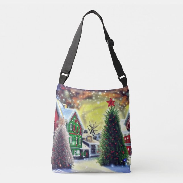Bolso Cruzado Escena de aldea de Navidades de invierno (Anverso)