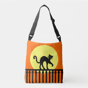 Bolso Cruzado Espeluznante gato negro caminando sobre el Naranja