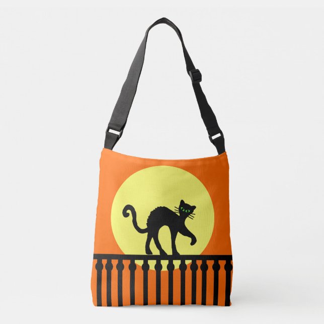 Bolso Cruzado Espeluznante gato negro caminando sobre el Naranja (Anverso)