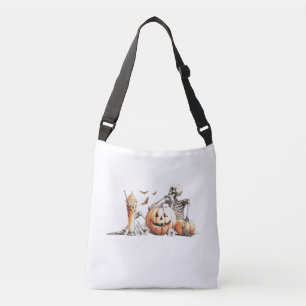 Bolso Cruzado Esqueleto con calabaza y bebida. Halloween.