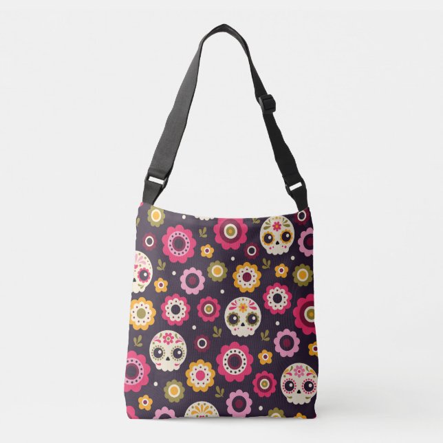 Bolso Cruzado Estampado de flores mexicano del cráneo del azúcar (Anverso)