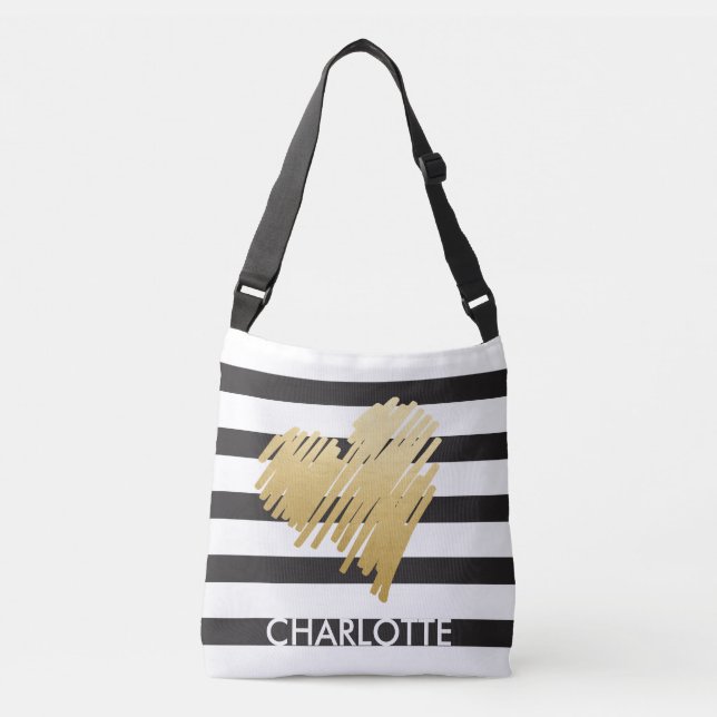 Bolso Cruzado Faux Gold Heart Black Striped Personalizado (Anverso)