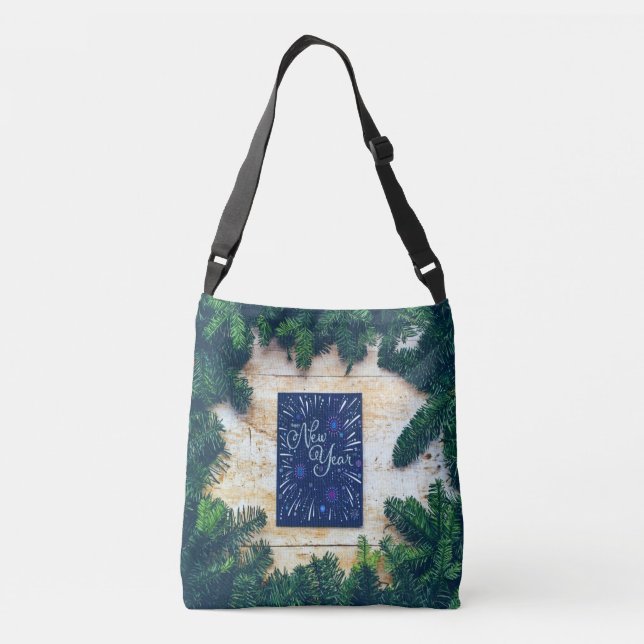 Bolso Cruzado Feliz Año Nuevo Pino Azul y Verde (Reverso)