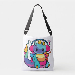 Bolso Cruzado Feliz dragón con auriculares escuchando música.