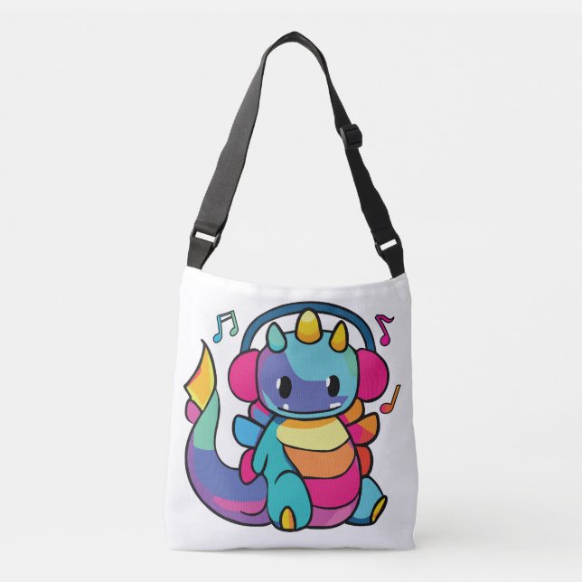 Bolso Cruzado Feliz dragón con auriculares escuchando música. (Anverso)