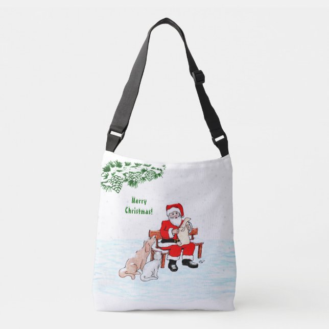 Bolso Cruzado Feliz Navidad! Papá Noel con gato y perro (Anverso)