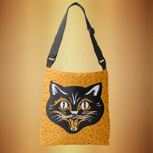 Bolso Cruzado Felíz rostro de gato negro vintage de Halloween en