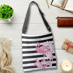 Bolso Cruzado Flamenco Rosa Caprichoso con Rayas Negras y Blanca