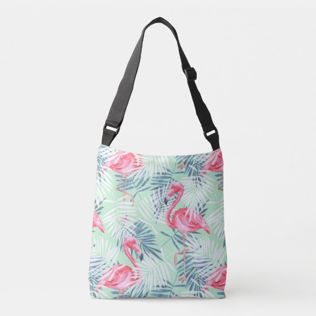 Bolso Cruzado Flamencos rosados tropicales y hojas de palmera (Anverso)