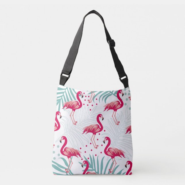 Bolso Cruzado Flamingo y hojas tropicales, patrón de verano. (Anverso)