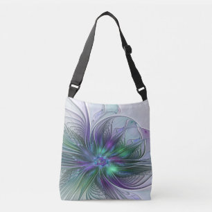 Bolso Cruzado Flor Abstracta Moderna Fractal Verde Púrpura