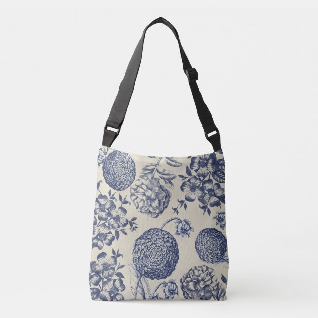 Bolso Cruzado Flor azul anticuada impresa floral (Anverso)