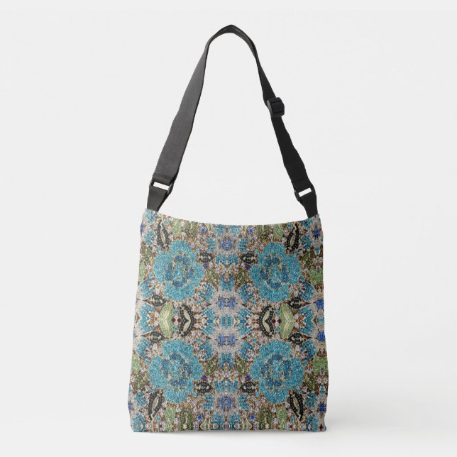 Bolso Cruzado flor azul turquesa plateada de moda femenina (Anverso)