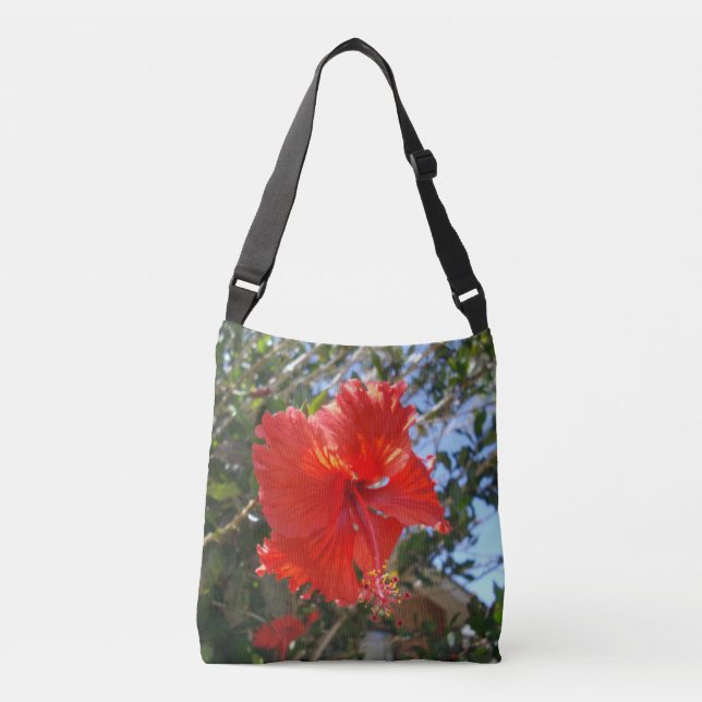 Bolso Cruzado Flor De Hibiscus Rojo Sobre Un Árbol, (Anverso)