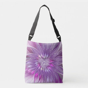 Bolso Cruzado Flor de pasión abstracta fractal rosa púrpura