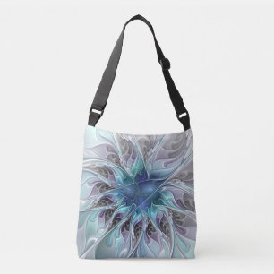 Bolso Cruzado Flor Fractal Moderna Con Azul
