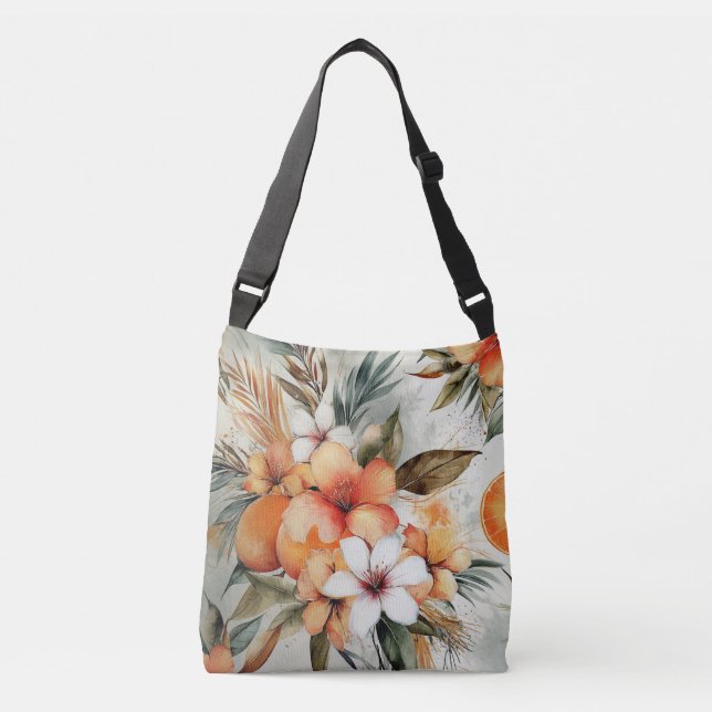 Bolso Cruzado Flor tropical y sueño de cítricos - acuarela (Anverso)