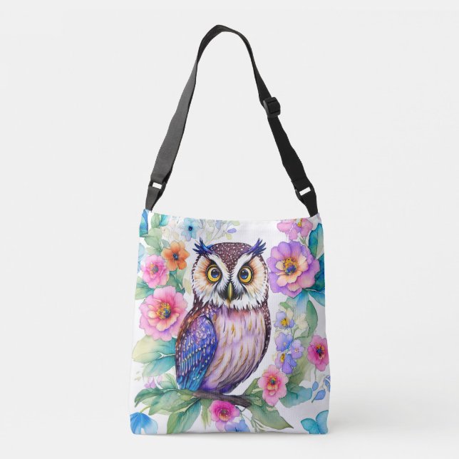 Bolso Cruzado Floral de búho acuarela artística (Reverso)