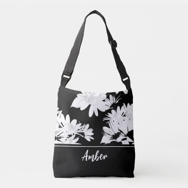 Bolso Cruzado Floral de margarita monogramada en blanco y negro (Anverso)