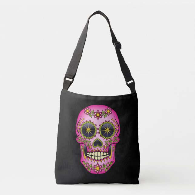 Bolso Cruzado Floral magenta del cráneo del azúcar (Anverso)