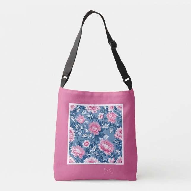 Bolso Cruzado floral moderna delft azul y rosa elegante (Reverso)
