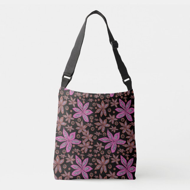 Bolso Cruzado Floral Pods Brown & Fuchsia en Tote negro (Anverso)