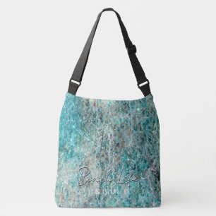 Bolso Cruzado Florecimiento de acuarela abstracta Aqua con texto