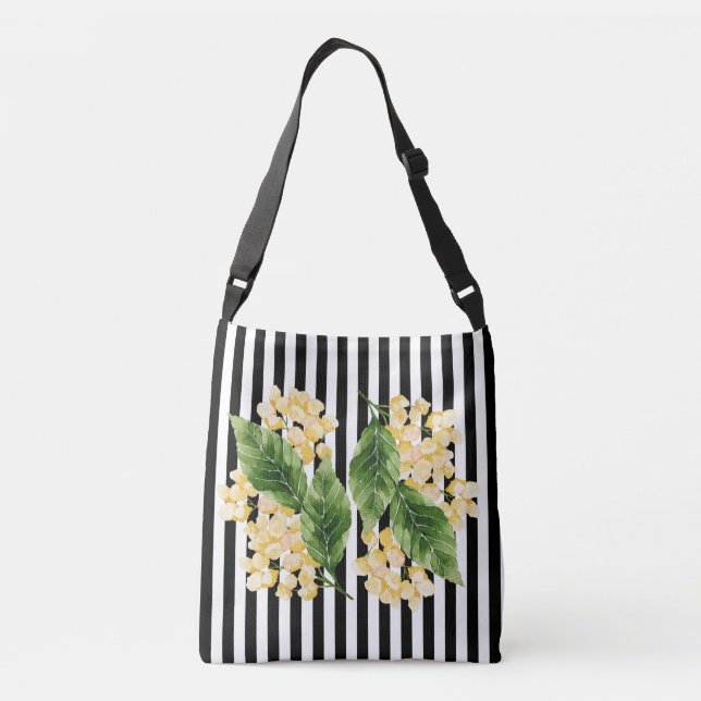 Bolso Cruzado Flores amarillas sobre rayas negras y blancas (Reverso)