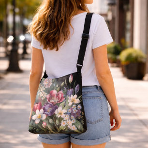 Bolso Cruzado Flores Asortidas Grandes Colores Oscuros