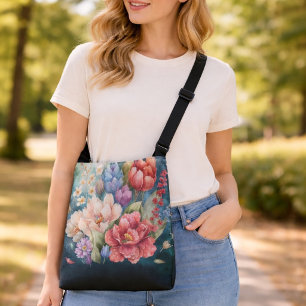 Bolso Cruzado Flores Asortidas Grandes Colores Oscuros