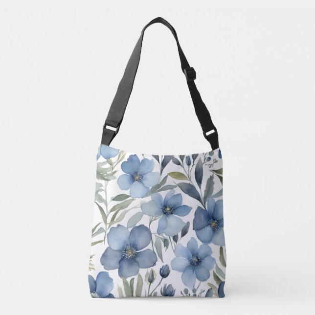 Bolso Cruzado Flores azules acuarela diseño floral (Anverso)