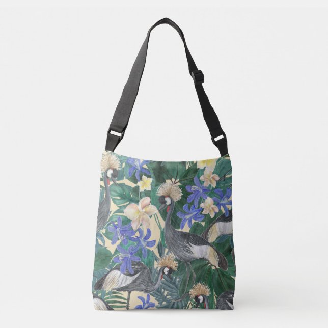 Bolso Cruzado Flores Azules Plumerias, Acuarela Seamless. (Anverso)