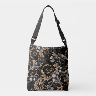 Bolso Cruzado Flores clásicas barrocas: fondo negro.
