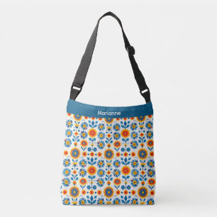 Bolso Cruzado Flores de arte popular azules y doradas