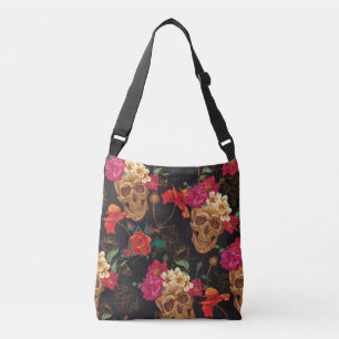 Bolso Cruzado Flores De Calavera: Fondo Oscuro Sin Marea.