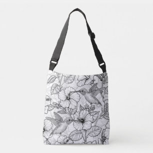Bolso Cruzado Flores de colibrí y de hibisco b&p