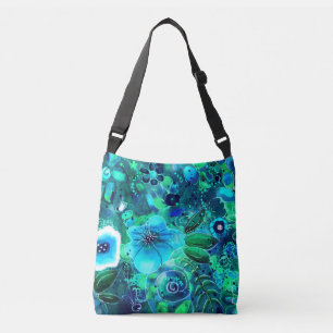 Bolso Cruzado Flores de flores de arte azul Verde azulado verde 