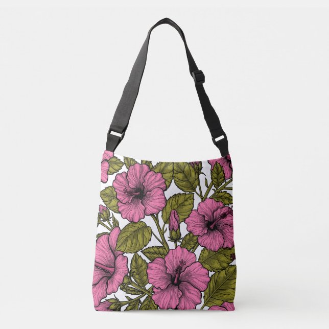 Bolso Cruzado Flores de hibiscos rosas (Anverso)